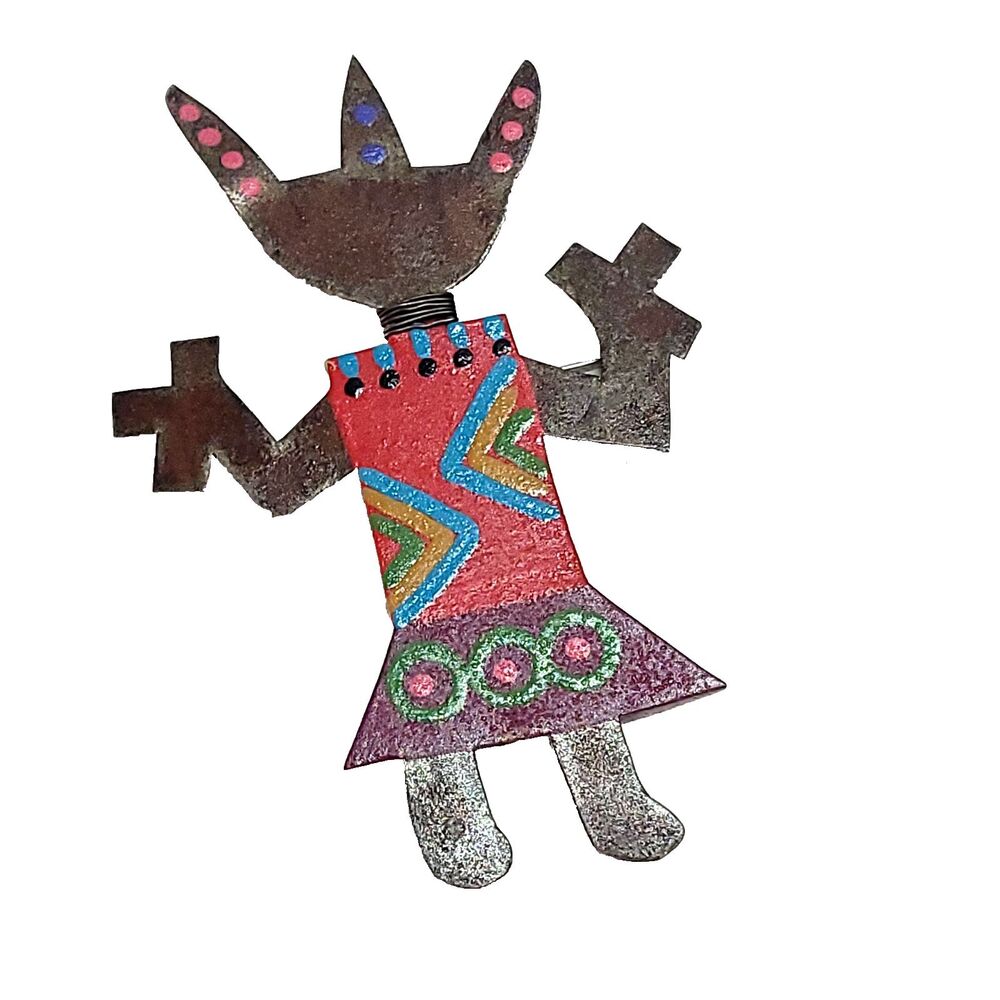 Whimsical South Western Tribal Metal Art Figure Pendant Signed Bill Marsha Finks